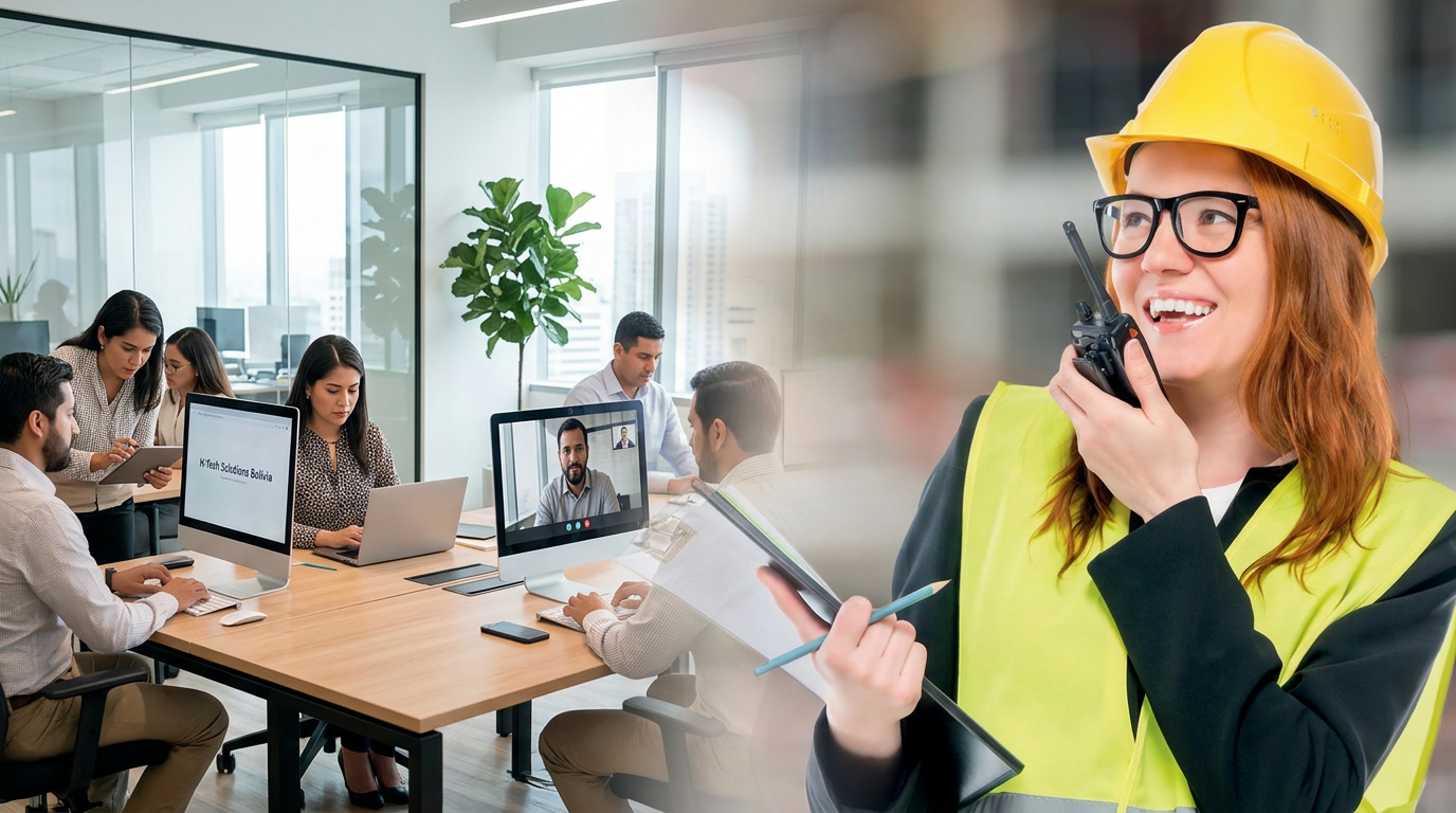 Equipo corporativo trabajando con monitores en una oficina moderna