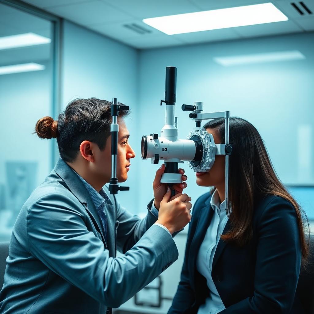 Optometrista realizando evaluación visual ocupacional con foróptero